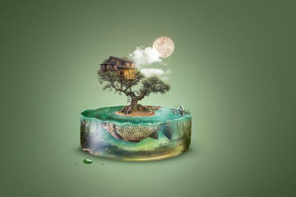 Art, Tree, Fish, Island, House, Underwater, HD, 2K, 4K