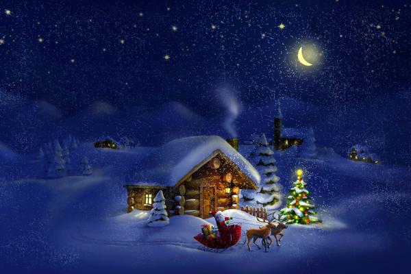 Рождество, Новый Год, Санта, Олень, Луна, Ночь, Зима, Дом, Снег, HD, 2K, 4K, 5K