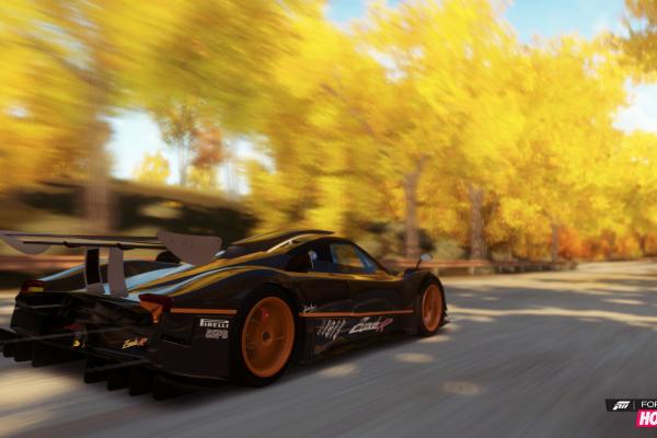 Forza Horizon, 4K Wallpaper, Игра, Автомобиль, Dodge Viper, Черный, Оранжевый, Желтый, Осень, Гонка, Дорога, Дерево, Скорость, Скриншот, HD, 2K, 4K