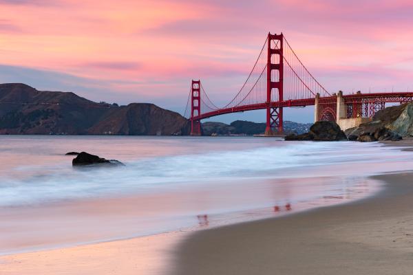 Мост Золотые Ворота, Вечер, Береговая Линия, Сан-Франциско, Пляж, HD, 2K, 4K