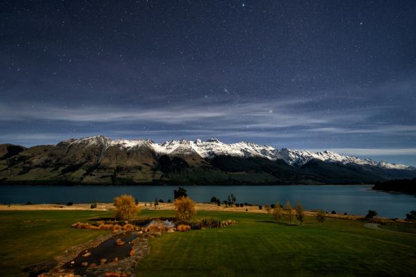 Новая Зеландия, Квинстаун, Озеро Вакатипу, Звезды, Гора, Снег, Зеленая Трава, Небо, Пейзаж, HD, 2K, 4K