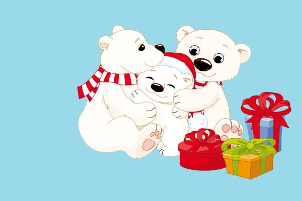 Белые Медведи, Подарки, Рождество, HD, 2K, 4K
