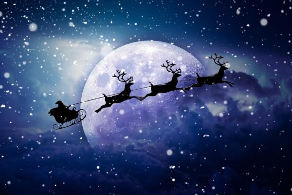 Колесница Санта Клауса, Луна, Снегопад, Колесница Северного Оленя, HD, 2K