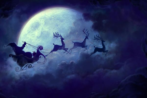 Дед Мороз, Олень Колесница, Полная Луна, HD, 2K