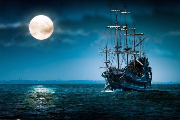 Корабль, Море, Луна, Ночь, HD, 2K, 4K