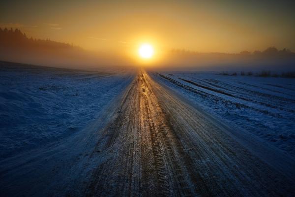 Восход, Зима, Дорога, Снег, HD, 2K