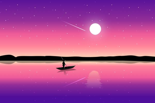 Закат, Фиолетовое Небо, Минимальный, Лодка, Луна, Иллюстрация, HD, 2K