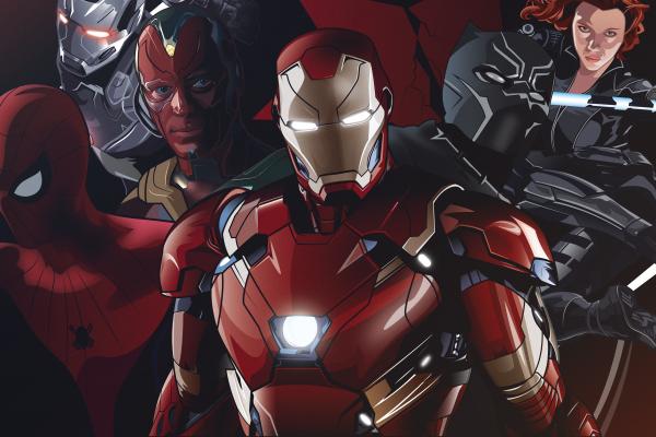Команда Железный Человек, Гражданская Война, Человек-Паук, Военная Машина, Видение, Железный Человек, Черная Пантера, Черная Вдова, Комиксы Marvel, Супергерои, HD, 2K, 4K