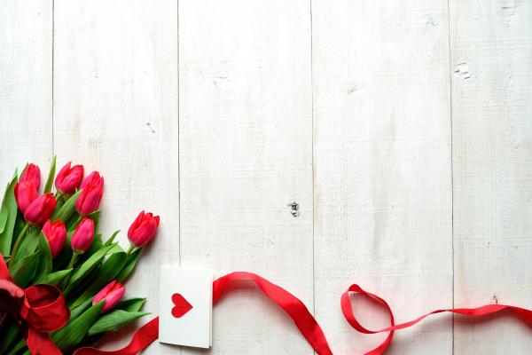 День Святого Валентина, Цветы, Тюльпаны, Сердечки, Ленточка, Любовь, HD, 2K, 4K, 5K