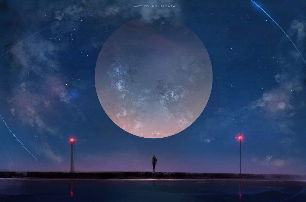 Alone, Moon, Аниме Девушка, Цифровая Краска, HD, 2K, 4K