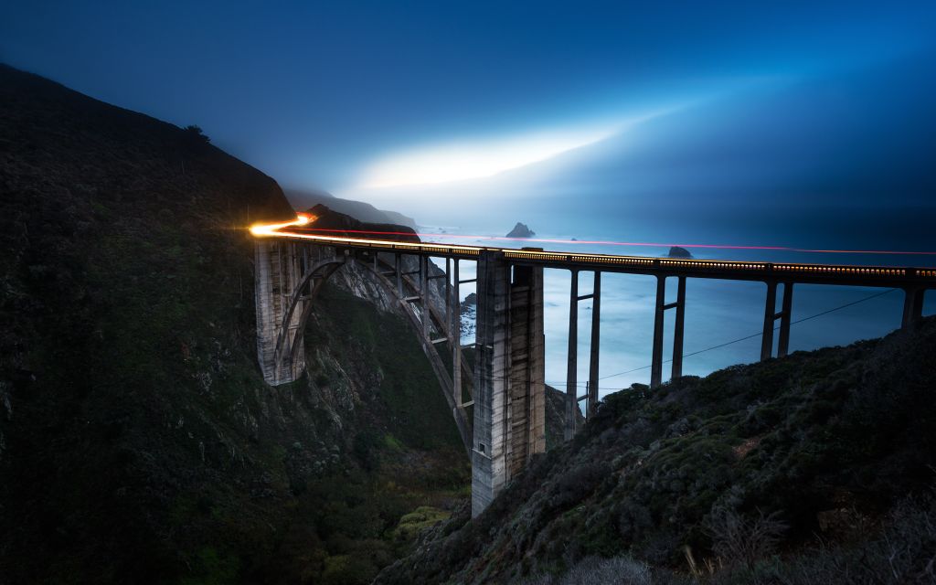 Синий Час, Мост Биксби, Вид На Океан, Биг-Сур, Калифорния, HD, 2K, 4K