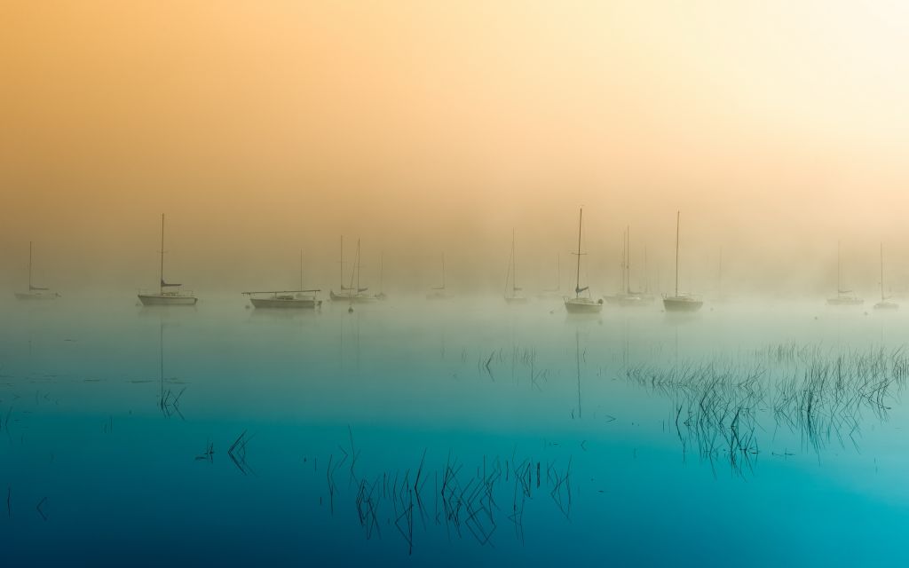 Лодки, Озеро, Утро, Туман, HD, 2K