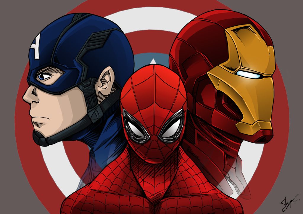Капитан Америка, Человек-Паук, Железный Человек, Гражданская Война, Произведение Искусства, HD, 2K