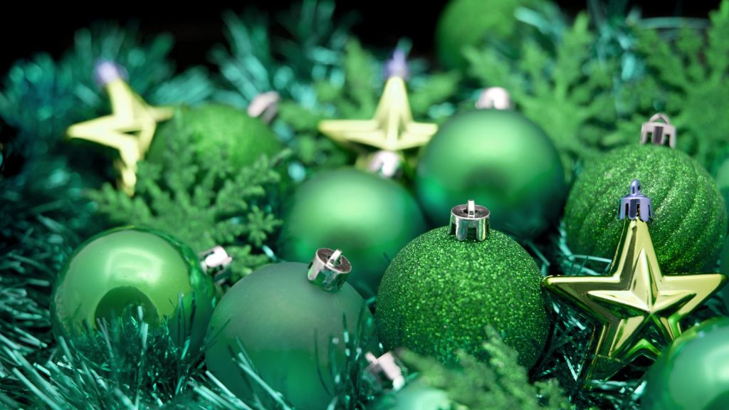 Рождество, Новый Год, Шары, Украшения, Звезда, Зелень, HD, 2K