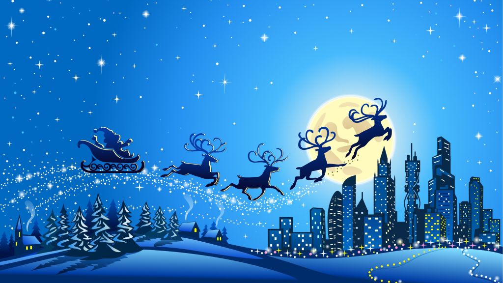 Рождество, Новый Год, Санта, Олень, Луна, Ночь, Зима, HD, 2K, 4K