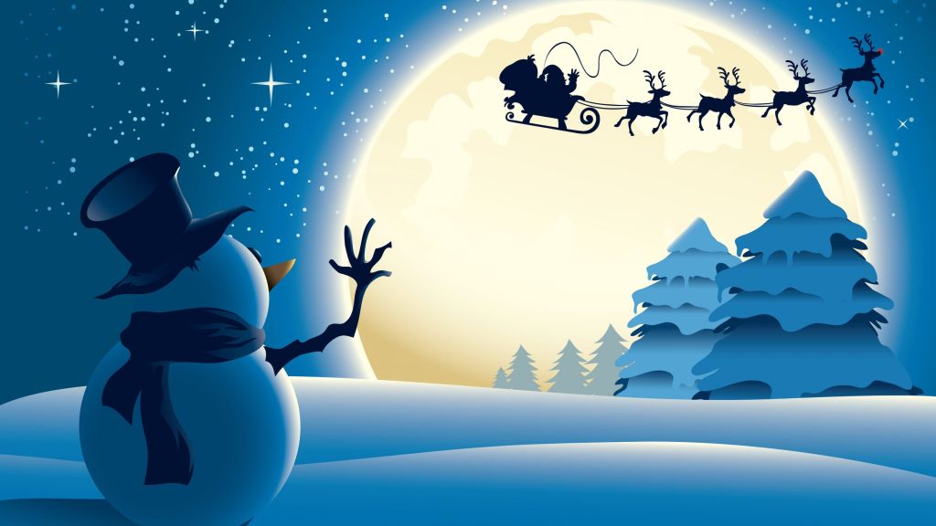Рождество, Новый Год, Санта, Олень, Снеговик, Луна, Зима, HD, 2K, 4K