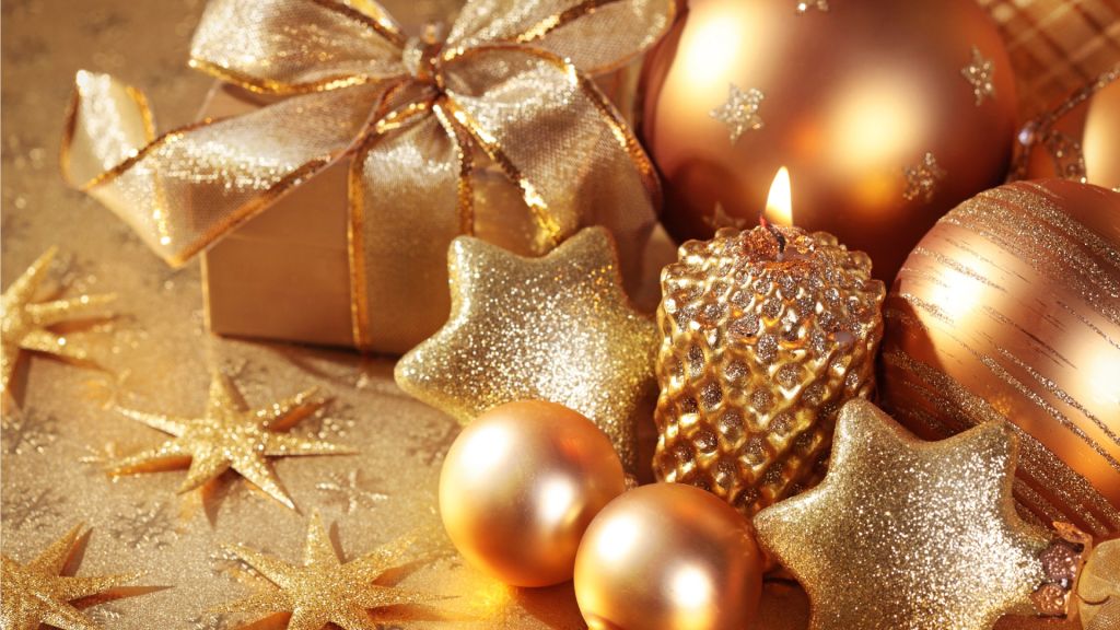 Рождество, Новый Год, Звезда, Свеча, Подарок, Шары, Золото, Украшения, HD, 2K, 4K