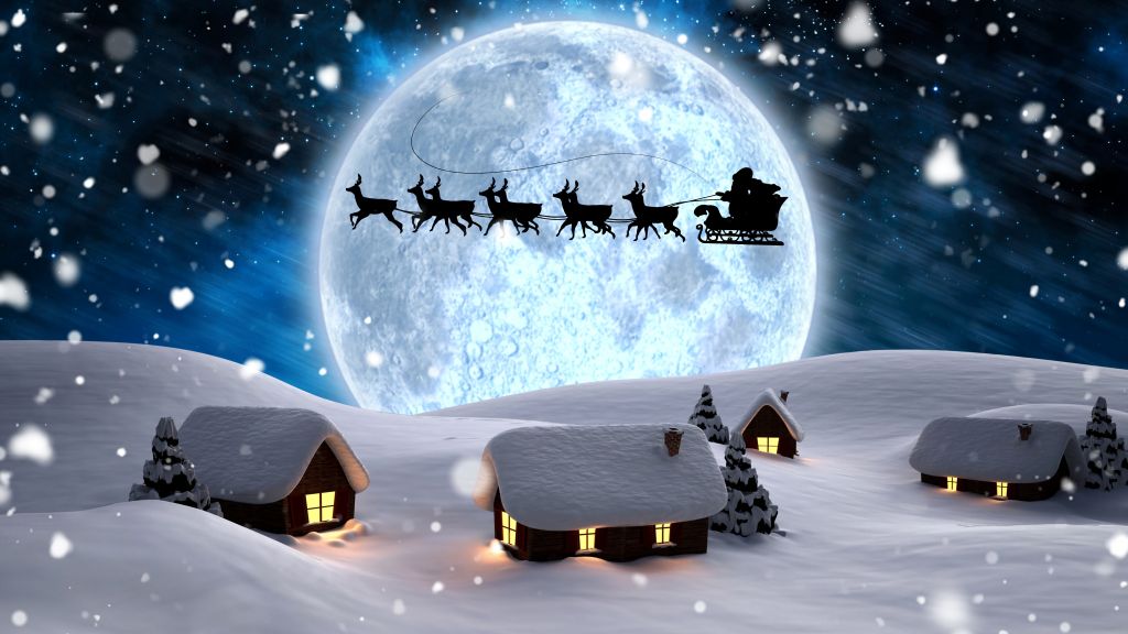 Рождество, Новый Год, Санта, Олень, Луна, Ночь, Зима, Снег, HD, 2K, 4K, 5K