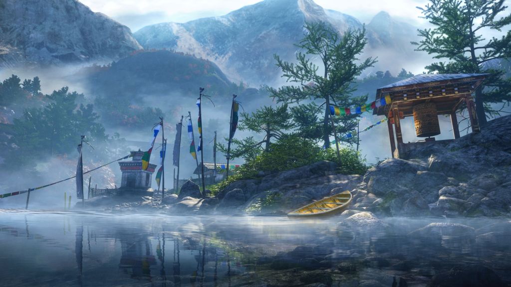 Far Cry 4, Игра, Открытый Мир, Приключенческие Игры, Шутер, Кират, Гималаи, Гора, Тибет, Лодка, Озеро, Скриншот, HD, 2K, 4K