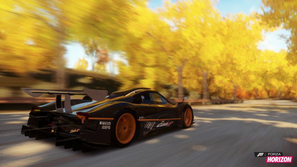 Forza Horizon, 4K Wallpaper, Игра, Автомобиль, Dodge Viper, Черный, Оранжевый, Желтый, Осень, Гонка, Дорога, Дерево, Скорость, Скриншот, HD, 2K, 4K