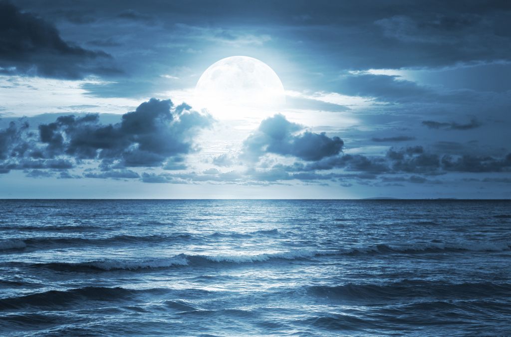 Полная Луна, Море, Облака, HD, 2K, 4K