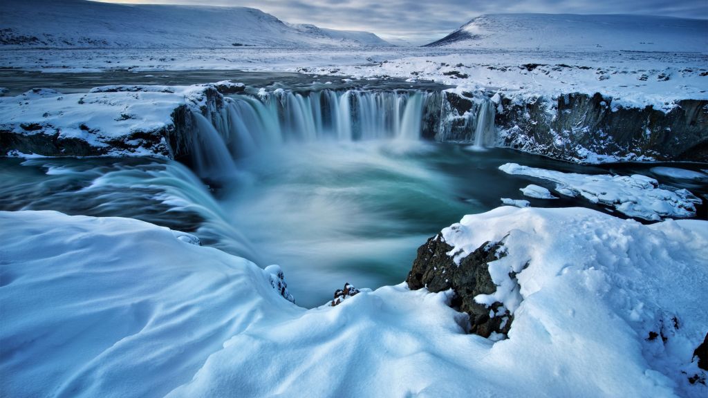 Годафосс, Водопад, Зима, Исландия, HD, 2K, 4K, 5K