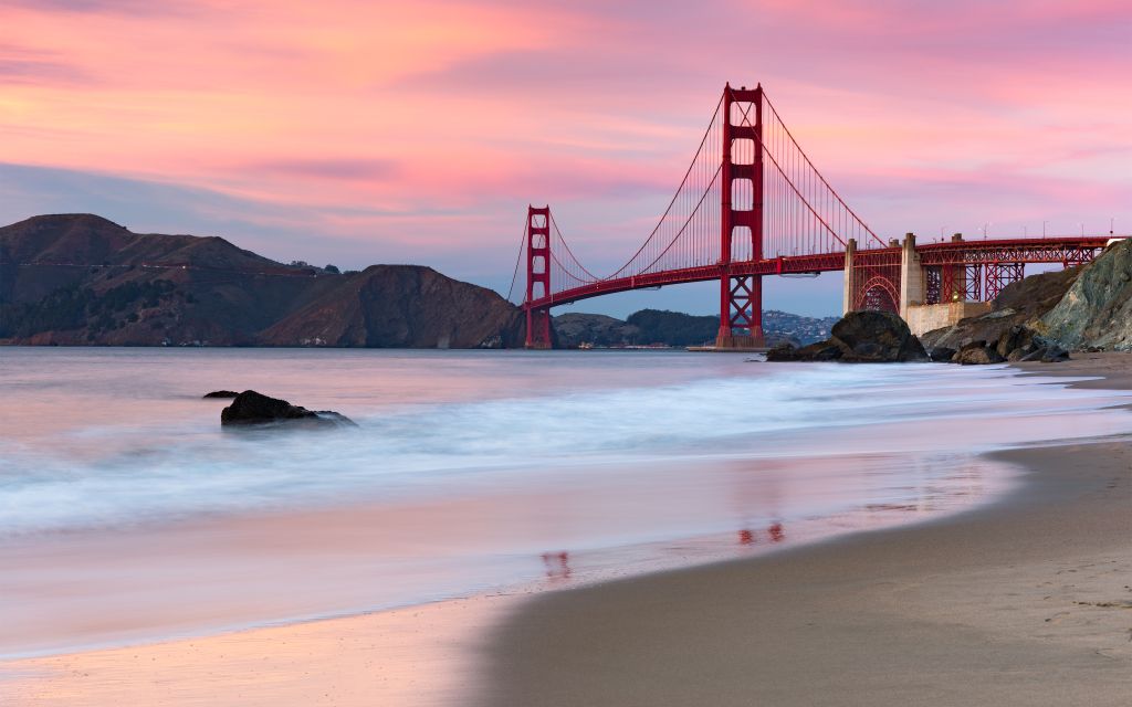 Мост Золотые Ворота, Вечер, Береговая Линия, Сан-Франциско, Пляж, HD, 2K, 4K