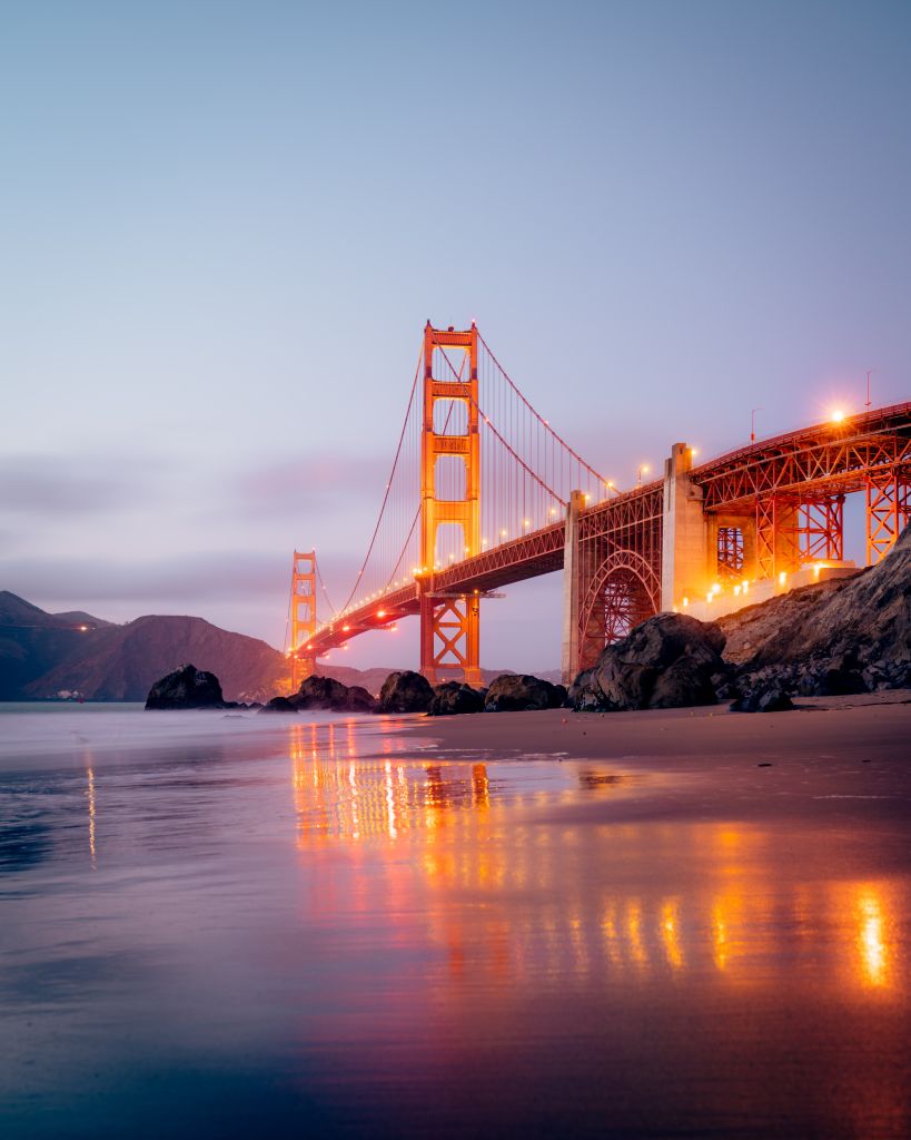 Мост Золотые Ворота, Свет, Размышления, Вечер, Сан-Франциско, Сша, HD, 2K, 4K