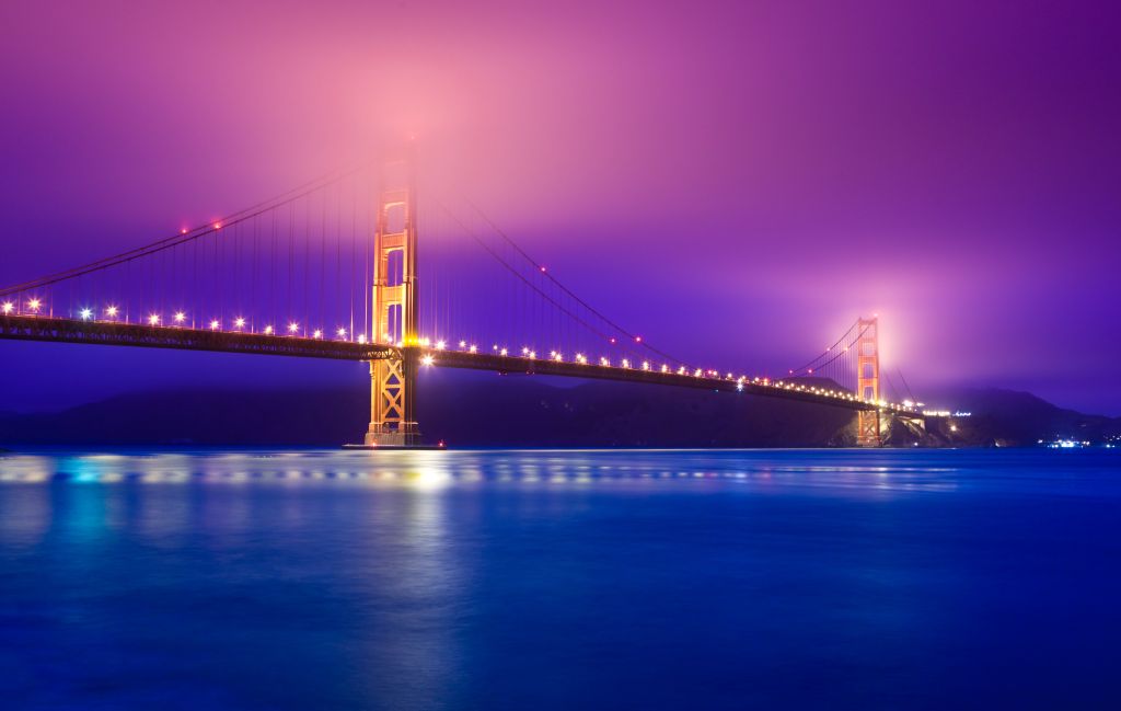 Мост Золотые Ворота, Сан-Франциско, Калифорния, Городской Пейзаж, Ночные Огни, Фиолетовый, Синий, HD, 2K, 4K, 5K