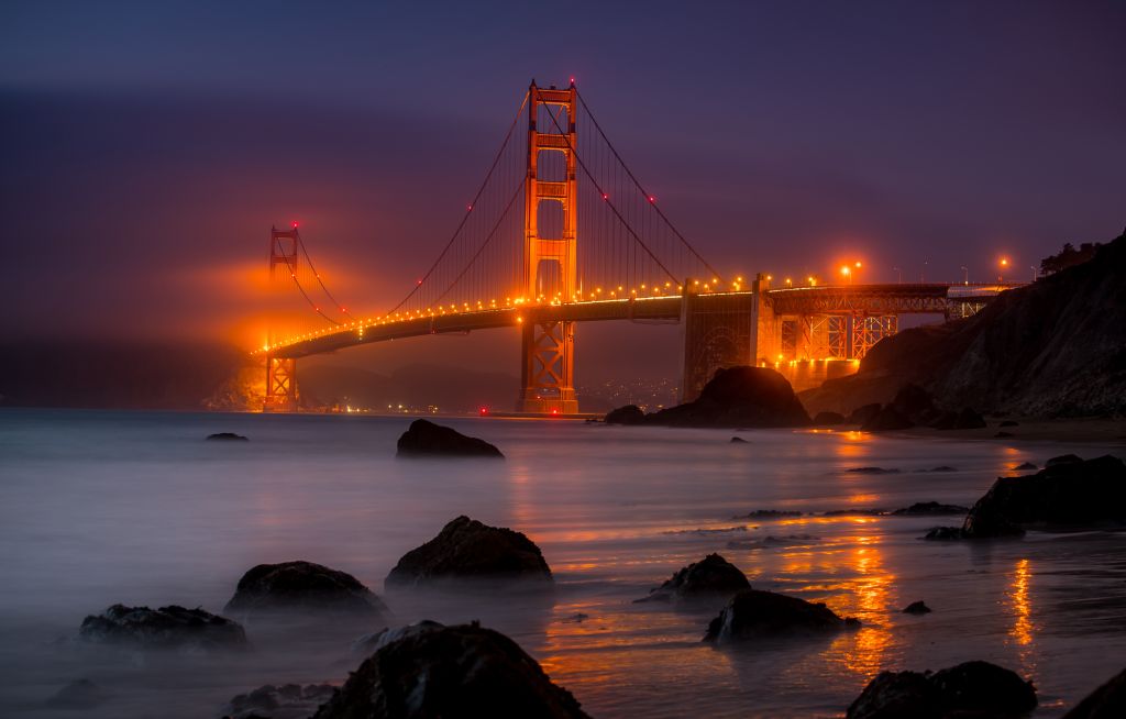 Мост Золотые Ворота, Сан-Франциско, Ночь, Синий Час, HD, 2K, 4K, 5K