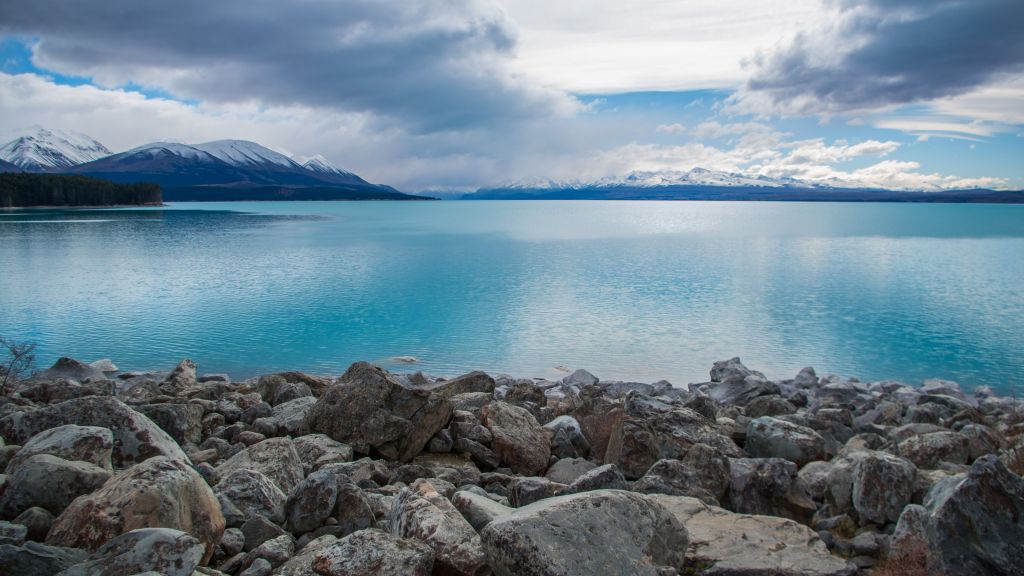 Озеро Пукаки, ​​Новая Зеландия, Камни, Облака, Горы, HD, 2K, 4K
