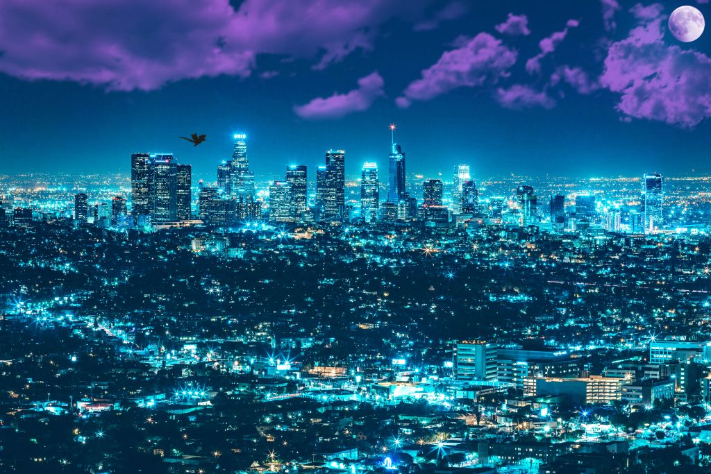 Лос-Анджелес, Городской Пейзаж, Городские Огни, Полнолуние, HD, 2K, 4K