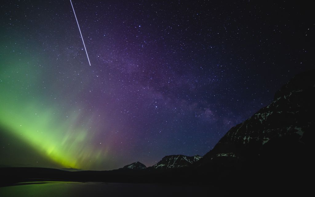 Млечный Путь, Северное Сияние, Ночь, Звездное Небо, Национальный Парк Глейшер, Фиолетовое Небо, HD, 2K, 4K, 5K