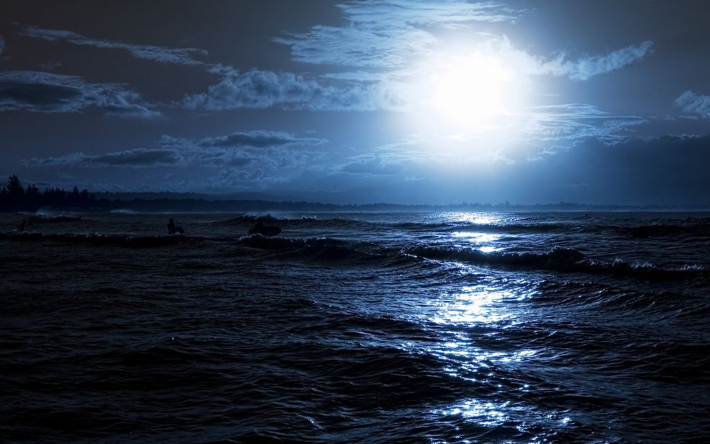 Луна, Море, Размышление, HD, 2K