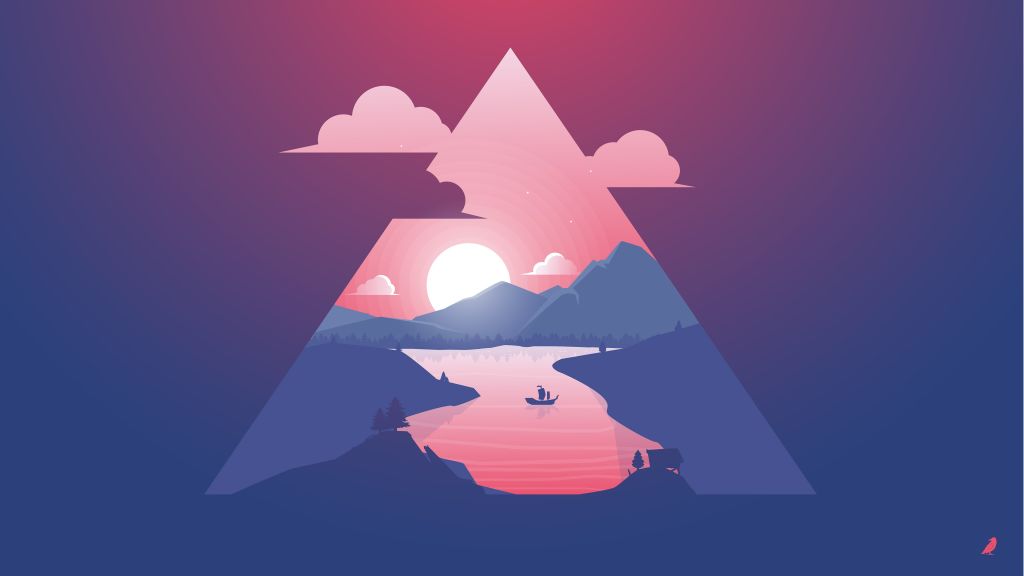 Гора, Солнце, Река, Пурпур, Треугольник, HD, 2K, 4K
