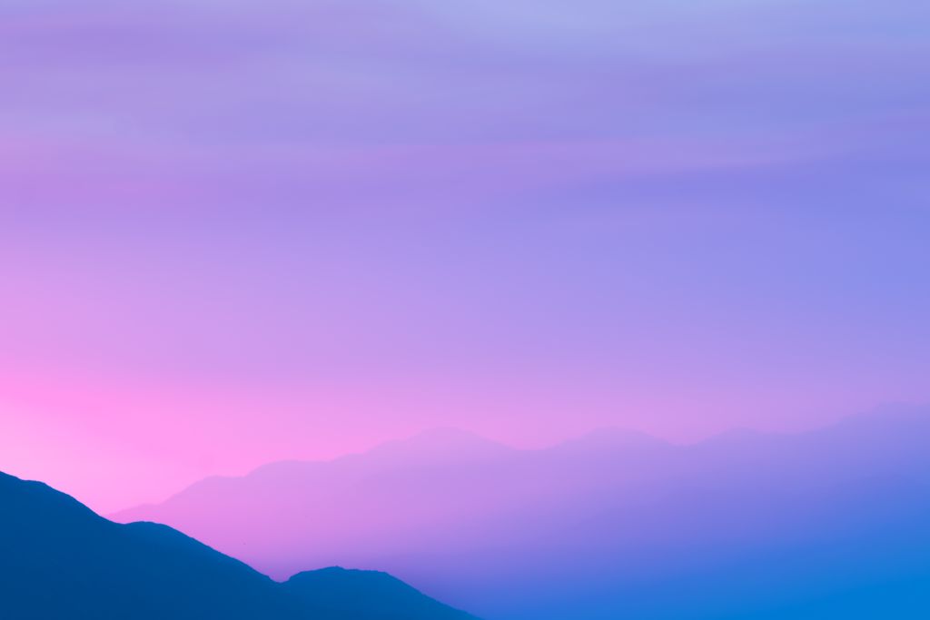 Горы, Туман, Фиолетовое Небо, Закат, Силуэт, HD, 2K, 4K