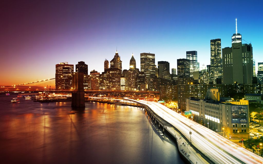 Нью-Йорк, Манхэттенский Мост, Городской Пейзаж, Горизонт, Закат, HD, 2K, 4K