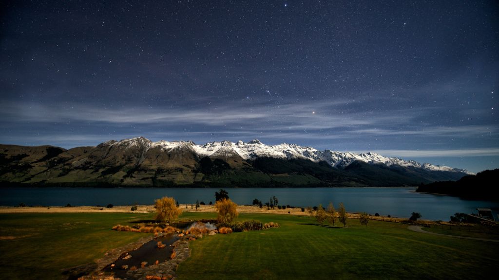 Новая Зеландия, Квинстаун, Озеро Вакатипу, Звезды, Гора, Снег, Зеленая Трава, Небо, Пейзаж, HD, 2K, 4K