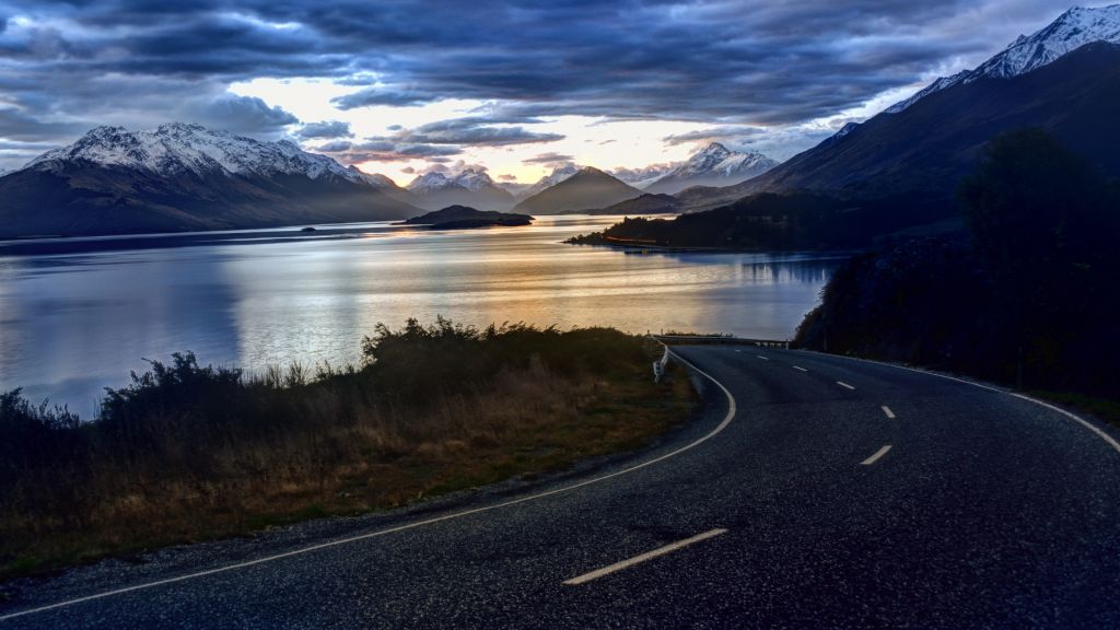 Новая Зеландия, Природа, Небо, Облака, Озеро, Дорога, Пейзаж, Вода, Гора, HD, 2K, 4K