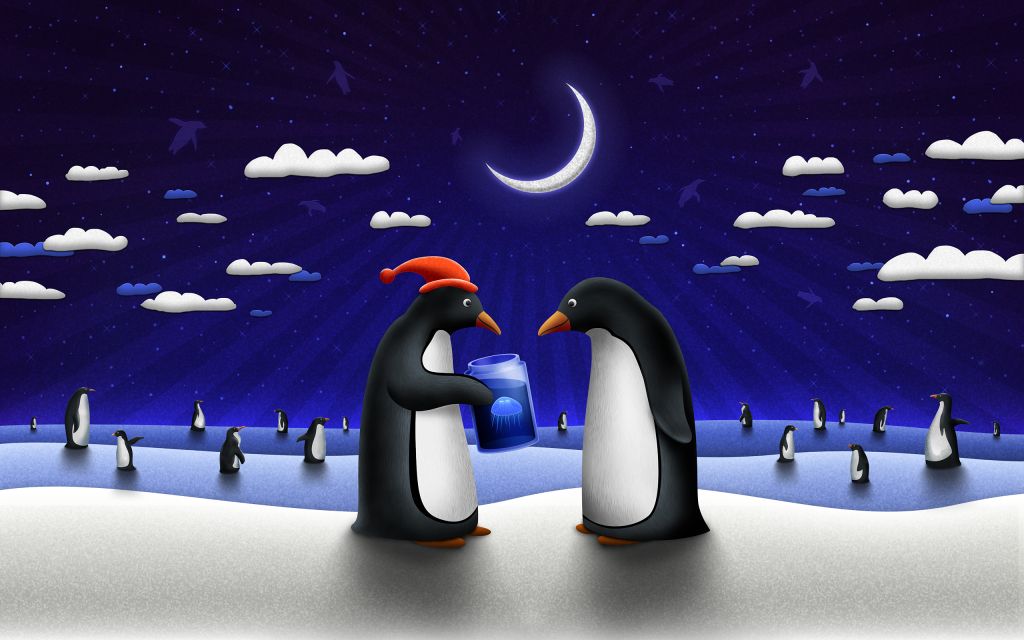 Пингвины, Колпак Санта, Облака, Полумесяц, Зима, HD, 2K