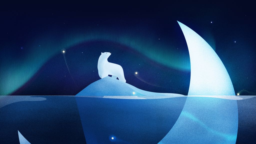 Белый Медведь, Звезды, Иллюстрация, Северное Сияние, HD, 2K