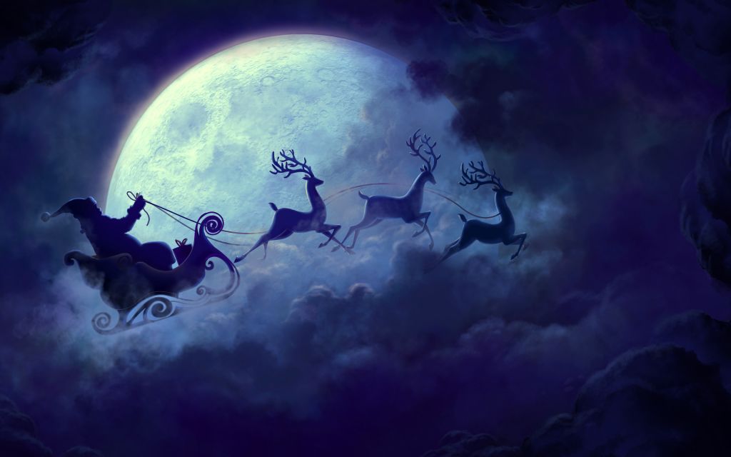 Дед Мороз, Олень Колесница, Полная Луна, HD, 2K