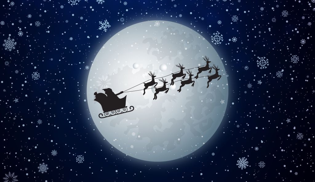 Санта Клаус, Колесница Северного Оленя, Луна, Снегопад, HD, 2K, 4K