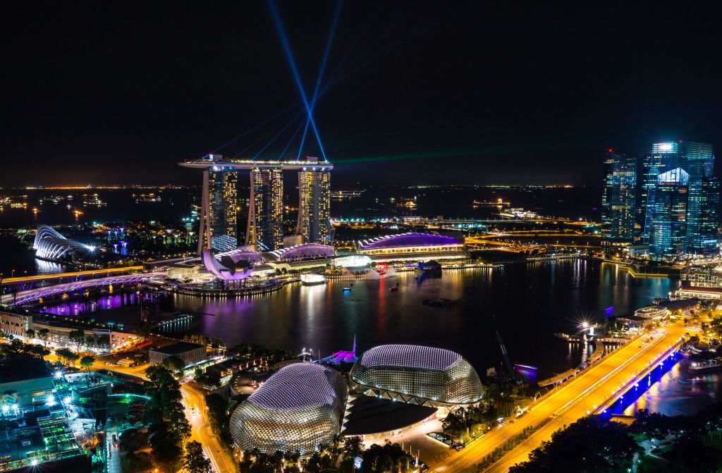 Сингапур, Marina Bay, Ночной Вид, Архитектура, Горизонт, HD, 2K, 4K, 5K