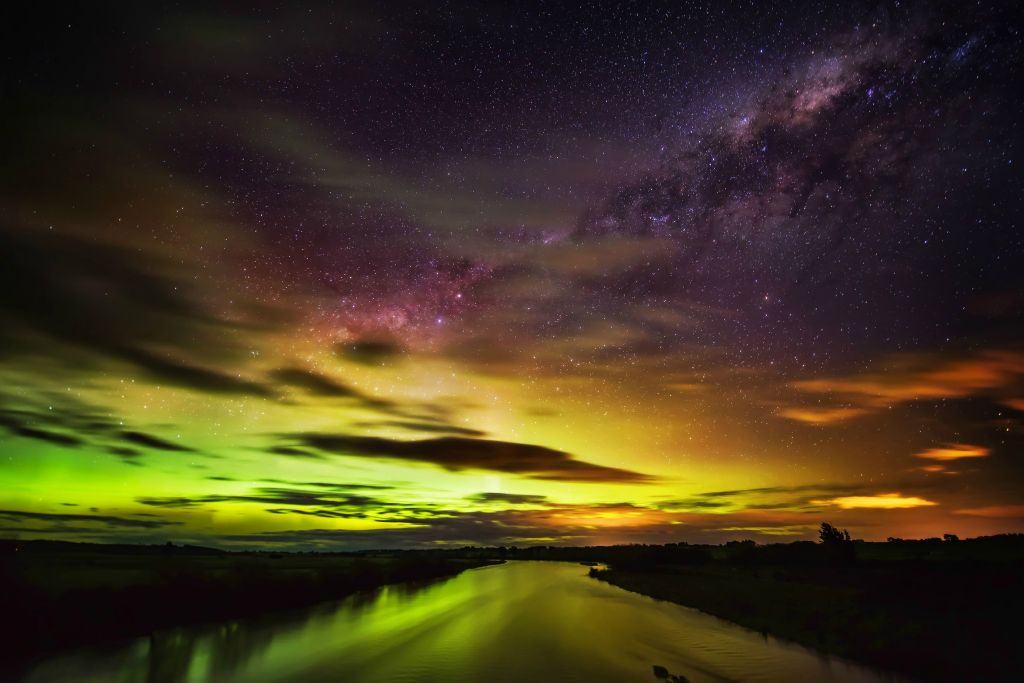 Южное Сияние, Аврора, Река, Ночное Небо, Новая Зеландия, HD, 2K