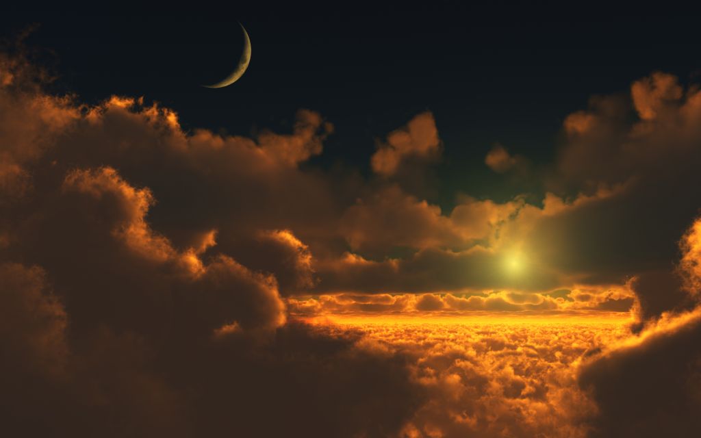 Закат, Облака, Луна, Цифровой Рендер, HD, 2K