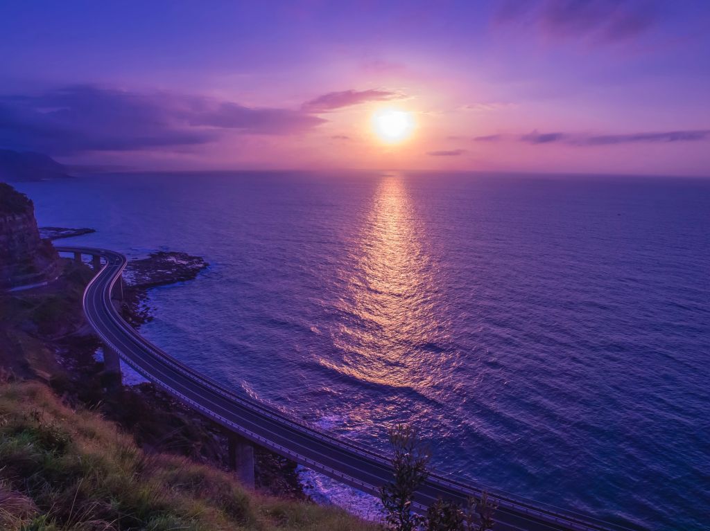 Закат, Фиолетовое Небо, Морской Пейзаж, Отражение, HD, 2K