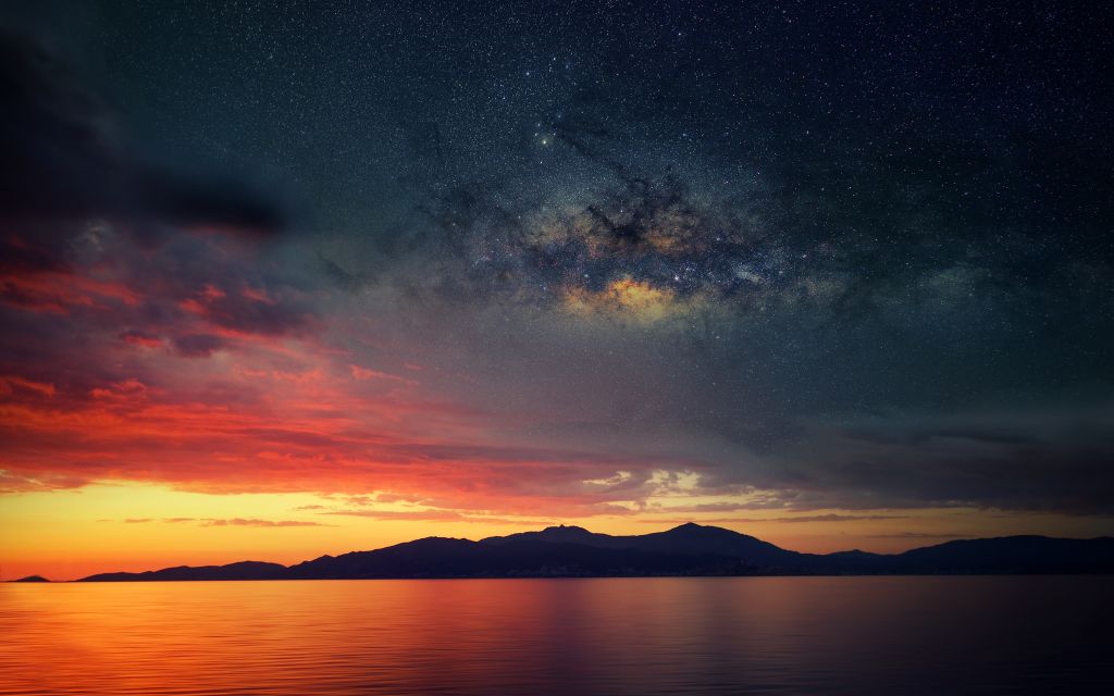 Закат, Остров, Звездное Небо, Силуэт, Отражения, Пейзаж, HD, 2K, 4K