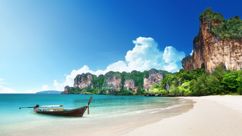 Таиланд, Пляж, Берег, Лодка, Скалы, Путешествия, Туризм, HD, 2K, 4K