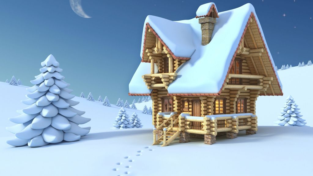 Зима, Бамбуковый Дом, Снег, HD, 2K